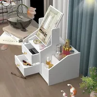 Organisateur de maquillage blanc avec miroir oreilles de chat et tiroirs pour le rangement des cosmétiques sur le bureau