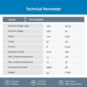 Ventilateur de refroidissement électrique axial à inverseur à roulement à billes ebmpapst 3414N/39HH 92x92x25mm 9225 24VDC 3.2W 0.14A 3250RPM 100m3/h - Product Image 3