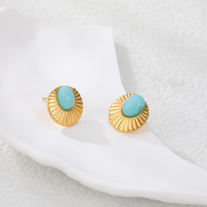 Boucles d'oreilles en acier inoxydable doré à dentelle plissée en pierre naturelle, boucles d'oreilles à clous polyvalentes, boucles d'oreilles rétro françaises pour femmes - Product Image 4