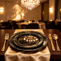 Assiettes jetables robustes noires et dorées 10,25" 7,5" avec bordure en dentelle gaufrée, en plastique, pour dîner, pour fêtes d'Halloween et mariages