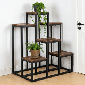 6단 목재 철제 화분 스탠드, 거실 및 발코니용 높이 조절 다리가 있는 플로어 스탠딩 꽃꽂이 진열대 - Product Image 3
