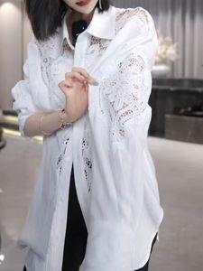 Chemisier blanc en coton brodé de sequins ajourés, design de marque de luxe, tendance pour femme, manches longues, coupe ample, décontracté, vente en gros - Product Image 3
