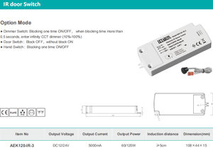 Interruptor de Porta IR Certificado CE Letaron 12/24V DC 60/120W com Função Dimmer e <span class=keywords><strong>Sensor</strong></span> de Toque, Alcance de Detecção de <span class=keywords><strong>3</strong></span>-8CM para Iluminação LED de Armário - Product Image 5