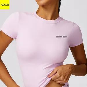 Kaus Yoga wanita LOGO kustom kaus Yoga musim panas lengan pendek nilon spandeks kaus kebugaran Gym atasan Crop leher bulat untuk wanita