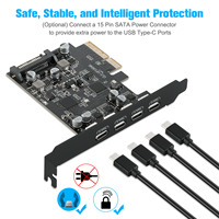 Carte d'extension métallique PCIe USB 3.2 10 Gbps à 4 ports (4x Type-C) – Adaptateur 4-en-1 PCI vers USB-C pour ordinateur de bureau