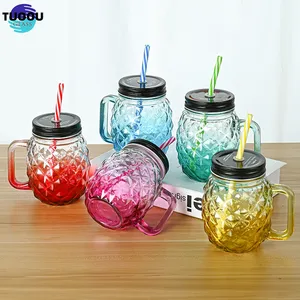 En Stock vente en gros personnalisé 500ml 18oz ananas imprimé couleur large bouche bocal en verre de qualité alimentaire tasse Mason tasse avec poignées et couvercle