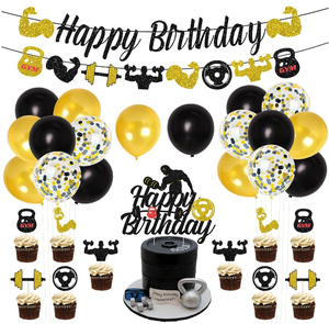 Kit de fournitures pour fête d'anniversaire sur le thème <span class=keywords><strong>du</strong></span> fitness : Bannières, drapeaux, guirlande, décoration de gâteau, décorations de cupcakes sur le thème de la <span class=keywords><strong>gym</strong></span> et de l'exercice, ballons en latex à hélium et confettis - Product Image 1