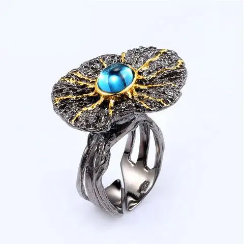 Handmade Flower Design Blue Topaz 925 Sterling Silver Ring