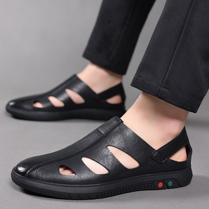 Men's Soft Leather Hollow-Out Sandals <b>Slip</b>-On Breathable Casual Shoes Black White Adult Size 40-45 - Product Image 3
