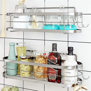 ANA Adhesive Shower Wall Shelf, Shower Caddy Basket with 4 Hooks, Storage Rack Bathroom Shower Storage Organizer for Shampoo