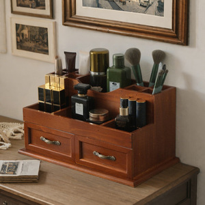 Retro Wooden <b>Makeup</b> Organizer With Drawers 12-Compartment Cosmetic <b>Storage</b> <b>Box</b> For Desk Home Use - Product Image 2