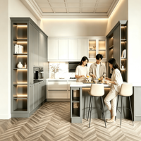 Ensemble d'armoires de cuisine modernes bicolores en bois sur mesure avec évier intégré, îlot, armoire vitrine LED, robinet, charnières et glissières de tiroirs