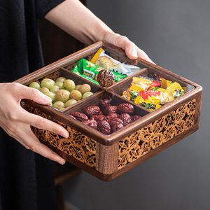 Plateau à fruits compartimenté en bois de noyer rectangulaire avec couvercle pour le rangement des collations, des bonbons, des accessoires pour la cérémonie du thé - Product Image 2