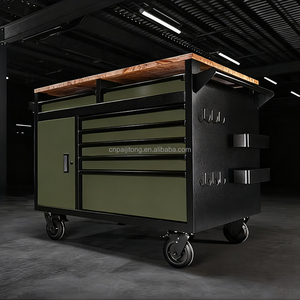 Établi en métal avec coffre à outils à 7 tiroirs avec revêtement en poudre supérieur en bois avec serrure à clé verrouillable et roues - Product Image 4