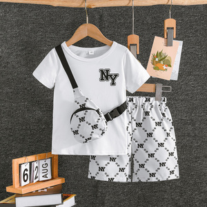 Vêtements décontractés d'été pour garçons de 4 à 8 ans, ensemble de sport de loisirs tendance, ensemble deux pièces imprimé à manches courtes en spandex/coton pour enfants - Product Image 1