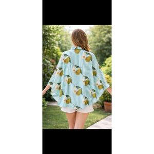Camisa de mujer con botones y mangas tipo kimono, estampado de peras a rayas azul claro, corte holgado informal, top de primavera y verano - Product Image 5