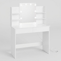 Meuble de chambre à coucher moderne, table cosmétique blanche avec 4 étagères de rangement, 2 tiroirs, miroir de vanité et éclairage LED