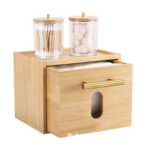 Boîte de rangement de bureau en bambou avec tiroir, organisateur de salle de bain rectangulaire en bois massif pour mouchoirs, cotons-tiges et boules de coton - Product Image 5