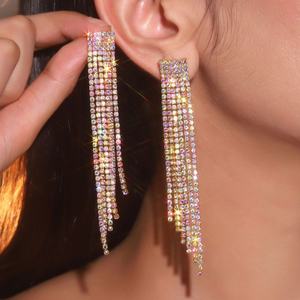 Women's <b>Fashion</b> Style Long Tassel Earrings Luxury AB Rhinestone with Super Sparkle Small Face <b>Accessories</b> - Product Image 4
