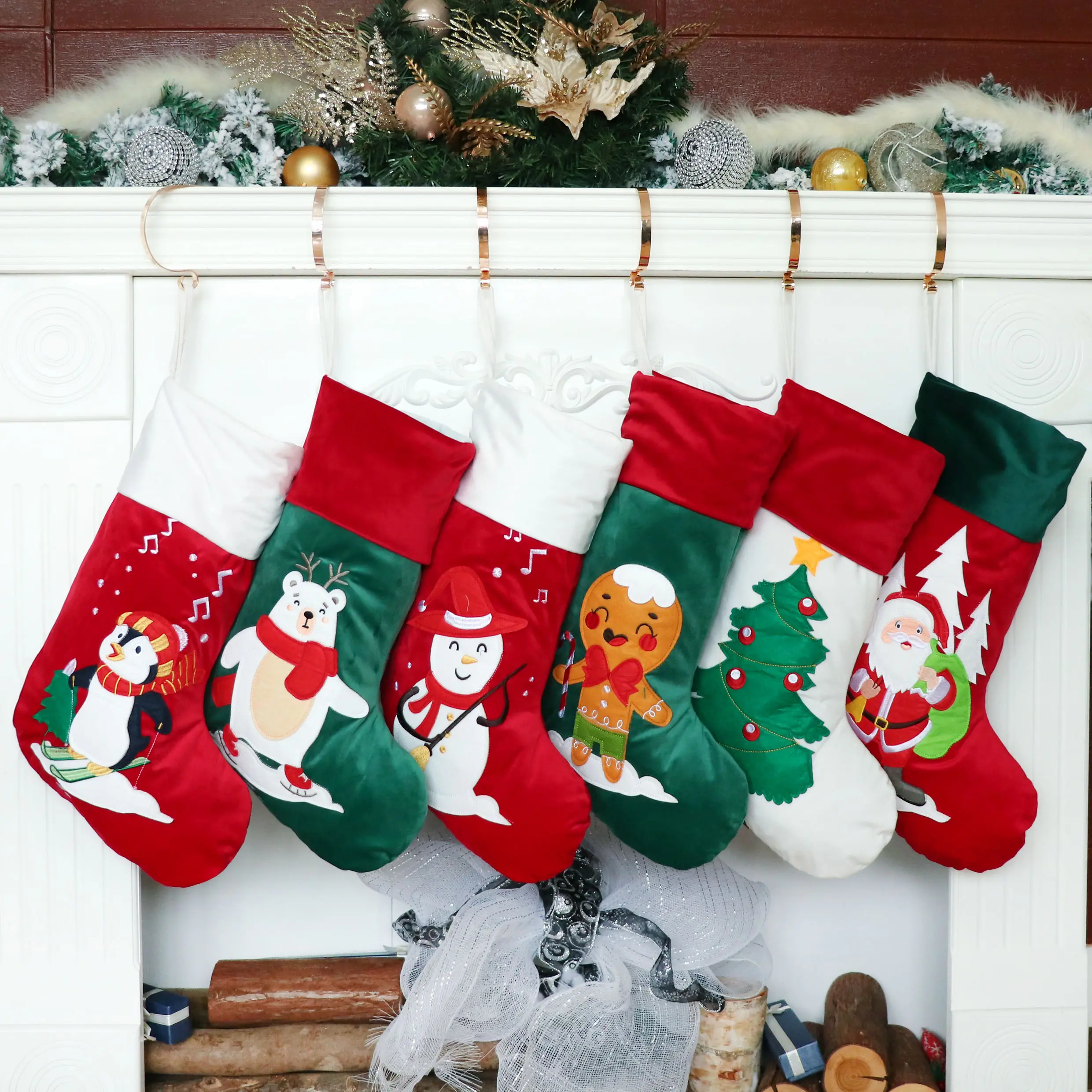 Original Design Luxury Velvet Embroidery Christmas Stocking for Family Classical Fireplace Decoration