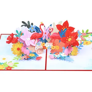 XINDUO 컬러 프린트 열대 꽃 플라밍고 입체 인사말 카드 발렌타인 데이 메시지 팝업