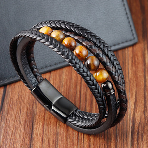 Bracelet en cuir véritable multi-couches avec perles en pierres semi-précieuses et fermoir magnétique en acier inoxydable 316L pour homme - Product Image 3