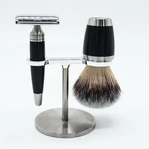 JDK Wholesales Badger Synthetic Hair Shaving Brush and Shaving Stand Set, Chrome Stand, Acrylic Brush