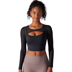 Translucent Mesh Yoga <b>Top</b> with Double Stitching Long-sleeved and <b>Tight</b>-<b>fitting</b> Sexy Design Full Women Crew Neck Tank 220 Grams - Product Image 4
