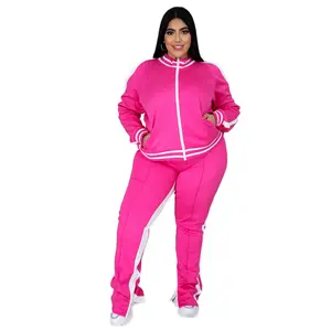화이트 스트라이프 악센트 여성용 생동감 넘치는 핑크 운동복-집업 재킷과 매칭 팬츠 세트