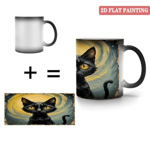 Frosted Black 11oz <b>Ceramic</b> Mug Heat Activated Coffee <b>Cup</b> With Cat Art Design - Product Image 4
