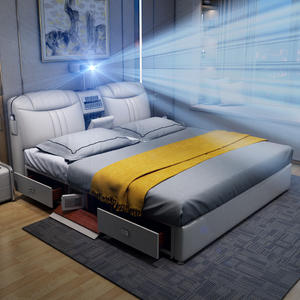 Letto Moderno in Tessuto e Pelle con Massaggio, Contenitore, Arredamento per Casa, Letto Matrimoniale con 2 Cassetti Multifunzionale per Camera da Letto e Hotel - Product Image 1