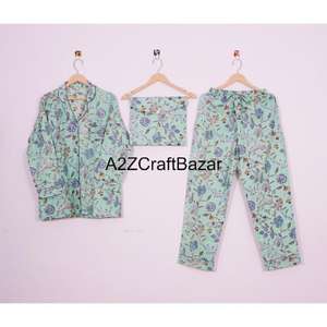 Ensemble de pyjama indien en coton imprimé fleuri fait à la main chemise en Satin imprimé oiseau quotidien été vêtements de nuit vêtements de nuit Combo Pack tricoté - Product Image 6