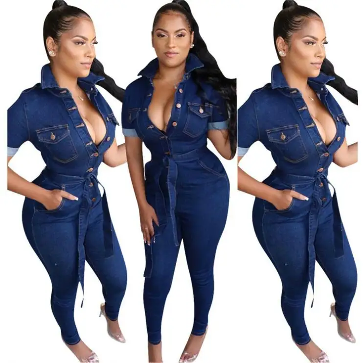 Desain Terbaru Turn-Down Kerah Warna Solid Tombol Bodycon Jeans Wanita Trendy Gaya Seksi Wanita Denim Jumpsuit