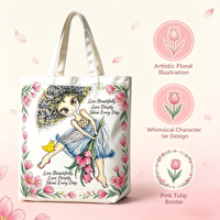 Sac fourre-tout en toile pour femme, motif floral dessiné à la main, sac à bandoulière avec fermeture à bouton, réutilisable, grande capacité, pour le shopping, le travail et les voyages