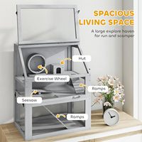Kandang Hamster Gerbil Kayu Fir Klasik Modern Mewah 3-Tingkat Dapat Dilepas, Alas Bawah 32cm, Tempat Bermain Jungkat-Jungkit, Roda Latihan, dan Ramp