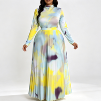 Ensemble deux pièces plissé pour femme, col montant, imprimé tissé, coupe trapèze, style bureau et décontracté, vente en gros