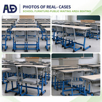 Cadre en acier bleu en forme de C, panier de rangement en métal, mobilier de classe, ensemble de bureau double pour étudiants avec 2 chaises