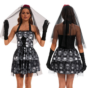 skull bridesmaid dresses Halloween Skull Mesh Swing Dress Wine Red,S