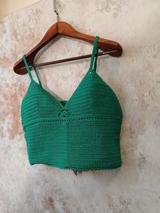 Top informal con cuello en V de lana/cachemira verde tejido a mano con tela transpirable y logotipo frontal - Product Image 3