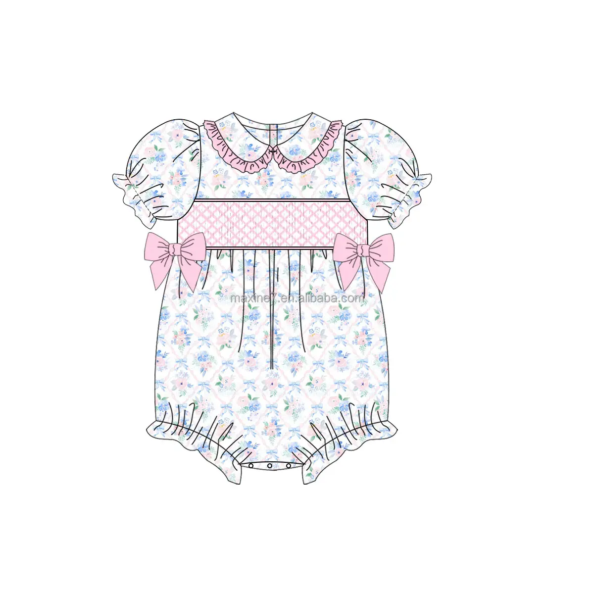 Puresun Jumpsuit katun pakaian butik anak-anak bordir penuh Romper Smocking bayi perempuan musim panas grosir