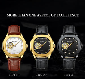KINYUED – montre mécanique automatique pour hommes, boîtier en polygone doré, bracelet en cuir, affichage lumineux, cadran ajouré, vente en gros - Product Image 6