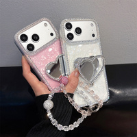 Coque de téléphone miroir cœur scintillant en strass avec dragonne en cristal pour iPhone 18 17 Pro Max 16 15 14 13