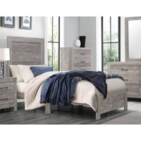 Ensemble de 5 pièces de mobilier de chambre à coucher rustique style ferme en bois gris patiné avec sommier à lattes renforcé pour location de vacances et projets résidentiels