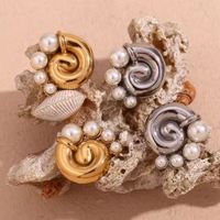Perle d'eau douce enroulement conque boucles d'oreilles sans ternissement bijoux plaqué or boucles d'oreilles bijoux en acier inoxydable