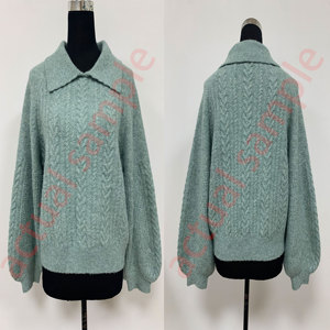 Custom Minimalist Chunky Top Cable Knit V <strong>Neck</strong> Long Sleeve Winter Warm <strong>Polo</strong> Sweater <strong>Jumper</strong> - Product Image 5