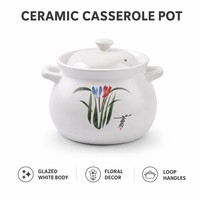 Casserole en céramique blanche émaillée avec couvercle, motif floral peint à la main, style chinois, poignées en boucle, pot en grès, compatible four