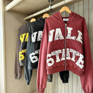 Fabricante de logotipo personalizado de peso pesado lavado con ácido Sun Faded desgastado Vintage apliques bordados parche de gran tamaño Zip Up Hoodies - Product Image 1