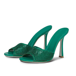 Sandalias de tacón de aguja con diamantes brillantes para mujer, talla grande 46, ajuste ancho, zapatos de vestir, mules de tacón alto fino, sandalias de fiesta con punta abierta - Product Image 4