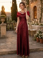 Robe de soirée bordeaux à sequins, col illusion, détail nœud, manches cape, coupe trapèze, longueur ras du sol, pour soirée formelle, vente en gros