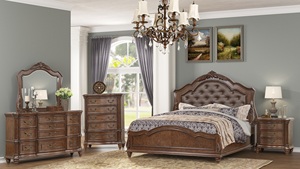 Ensemble de meubles de chambre à coucher classique américain en bois brun sculpté - Lit à plateforme capitonné en cuir, commode, table de chevet et coffre avec des détails complexes - Product Image 6